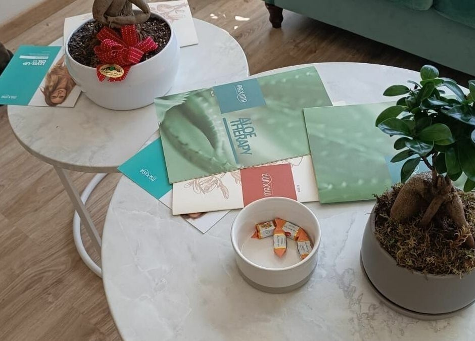 Tavolino con brochure e piantine presso DG Parrucchieri, Caronno Pertusella, Lombardia, IT.