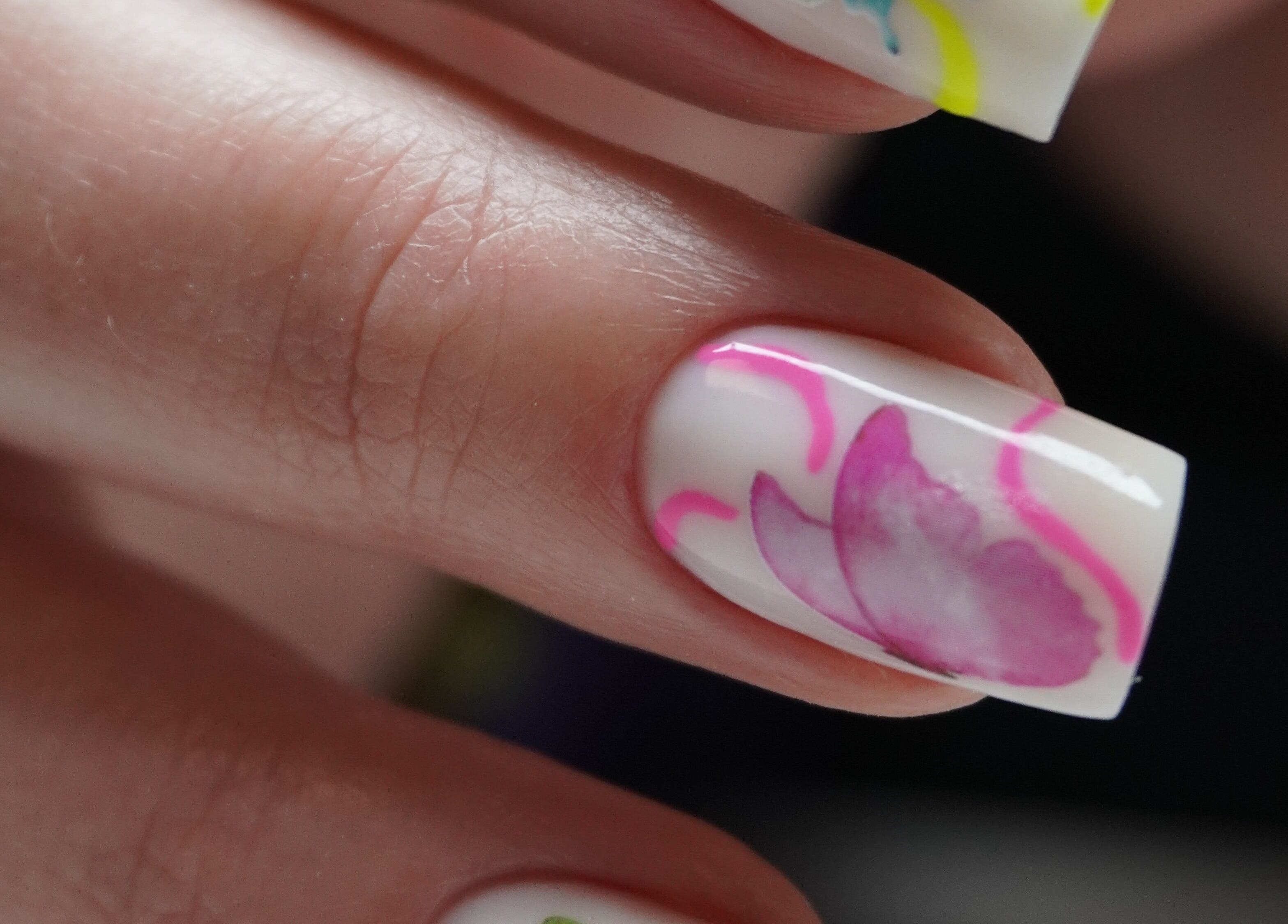 Close-up of floral nail art at Touch, Royal Tunbridge Wells, England, GB.