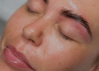 Close-up of a woman's well-groomed eyebrows and radiant skin at LoLo, Horbury, England, GB.