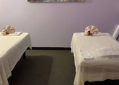 Tranquil massage room at Health Care Massage in Bozeman, Montana, US with two prepared tables.