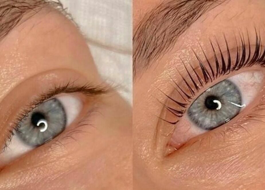 Eyelash enhancement at Curls and Glow, Lisboa, PT showing before and after lash lift results.