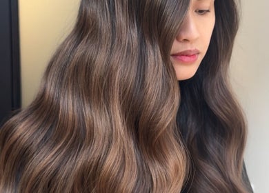Lush, wavy brown hair styled at Studio DejaWu, Melbourne, Victoria, AU, capturing elegance and shine.