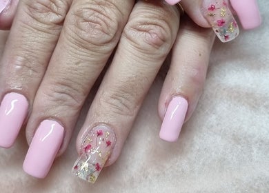 Elegant pink nails with floral design at Fabeauty, Maroochydore, Queensland, AU.