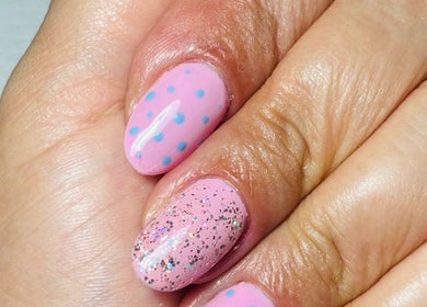 Pink nails with polka dots and glitter at Fabeauty - Private home-based beauty studio, Maroochydore, Queensland, AU.