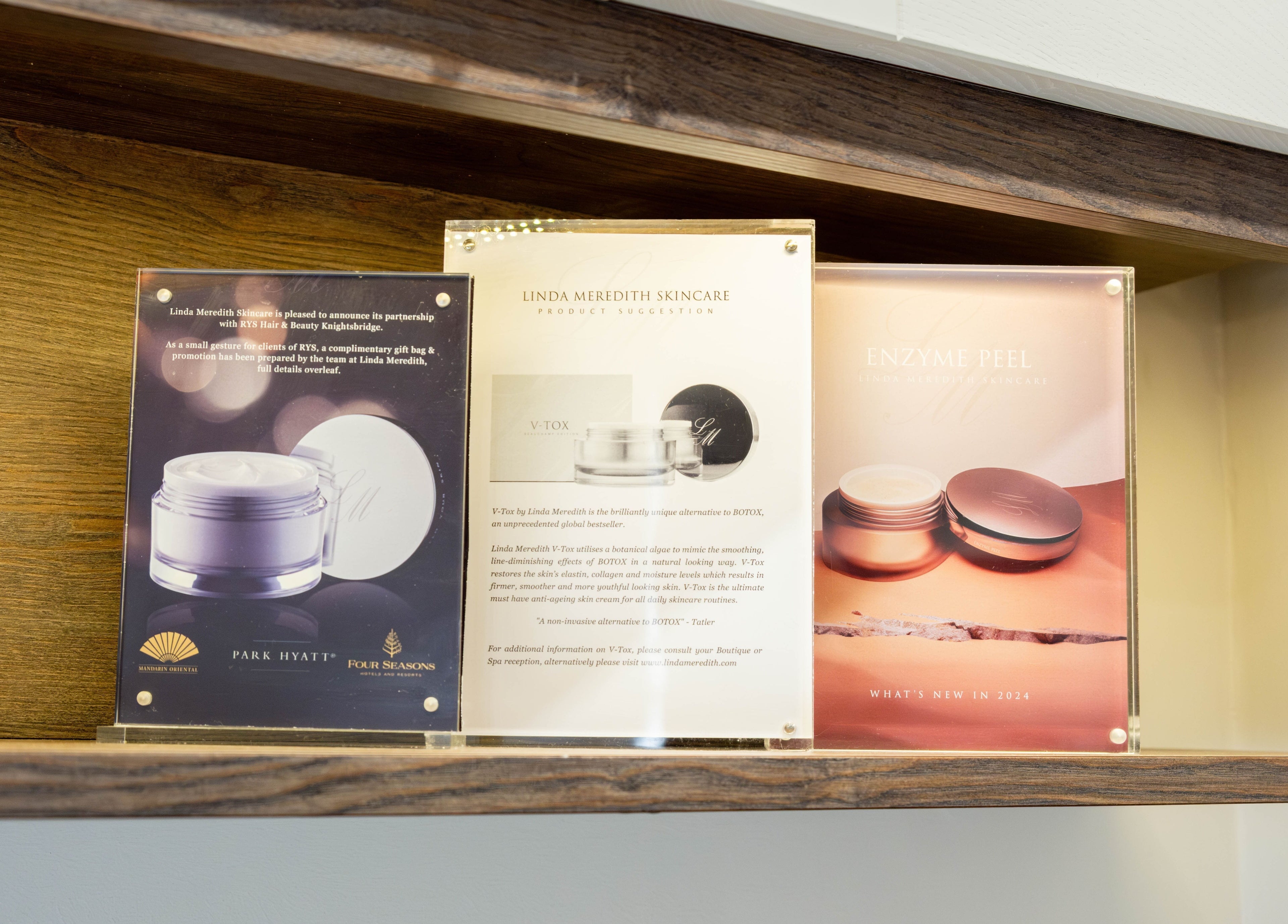 Linda Meredith, Knightsbridge skincare products on display in London, England, GB boutique shelf.