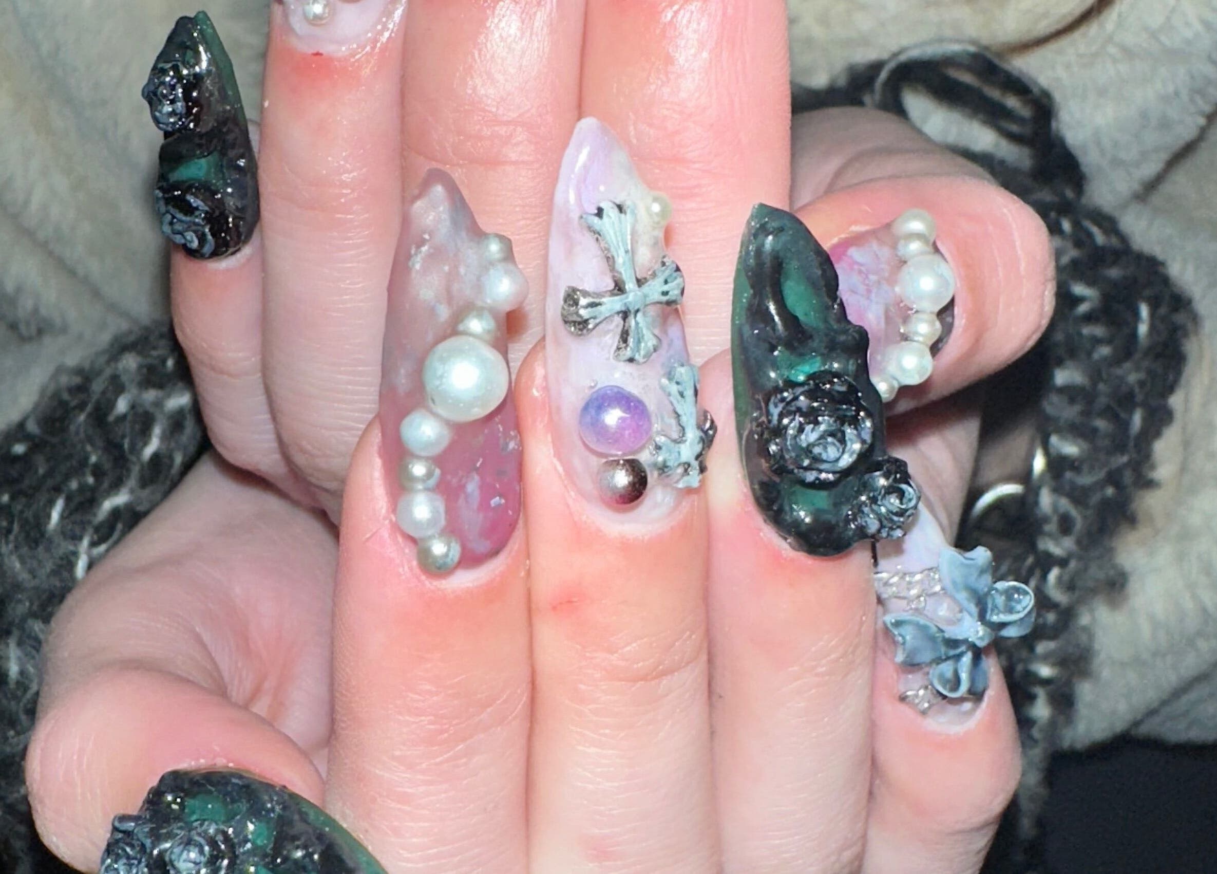 Unique 3D nail art design from Journey to the Nails, London, England, GB featuring intricate embellishments.