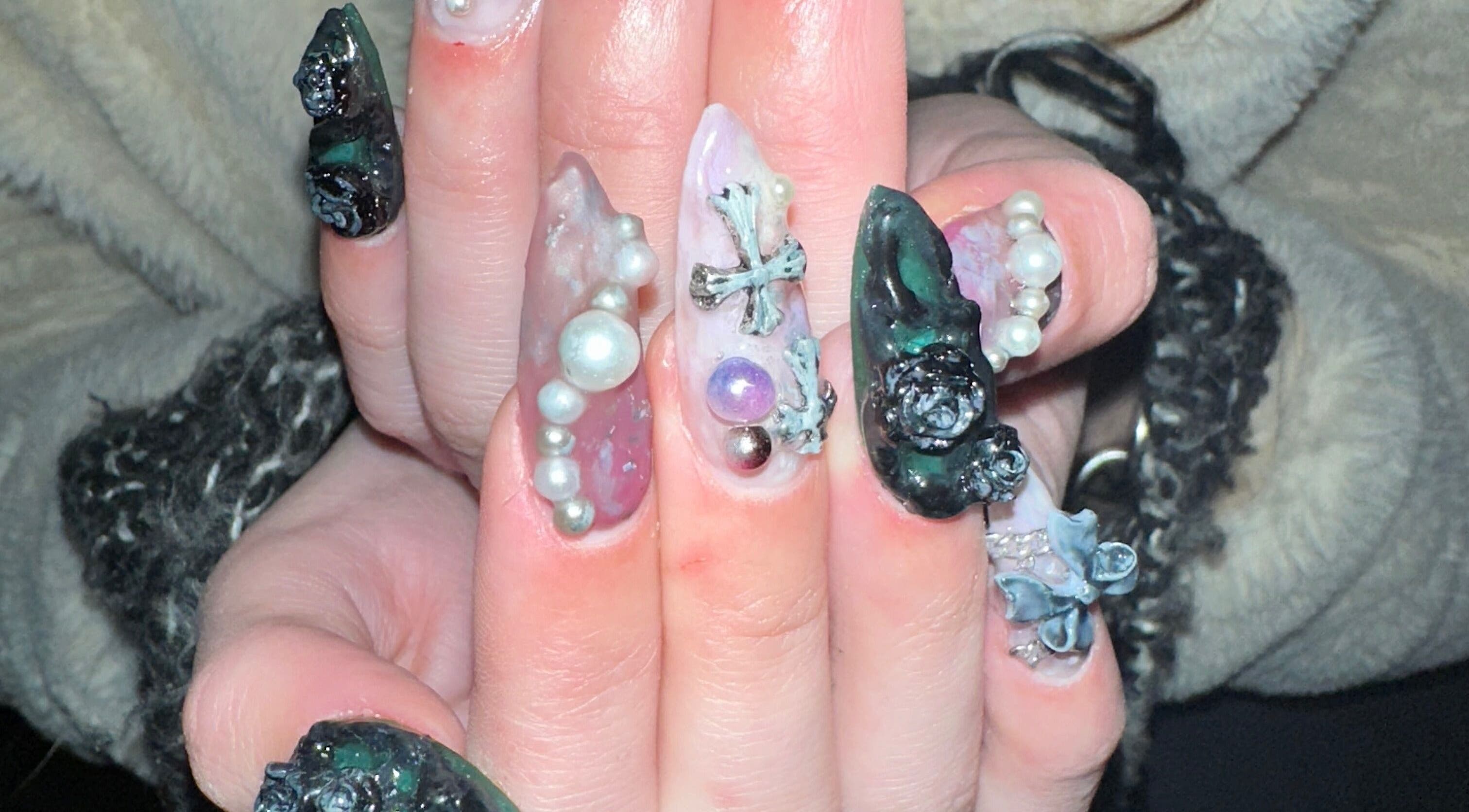 Unique 3D nail art design from Journey to the Nails, London, England, GB featuring intricate embellishments.