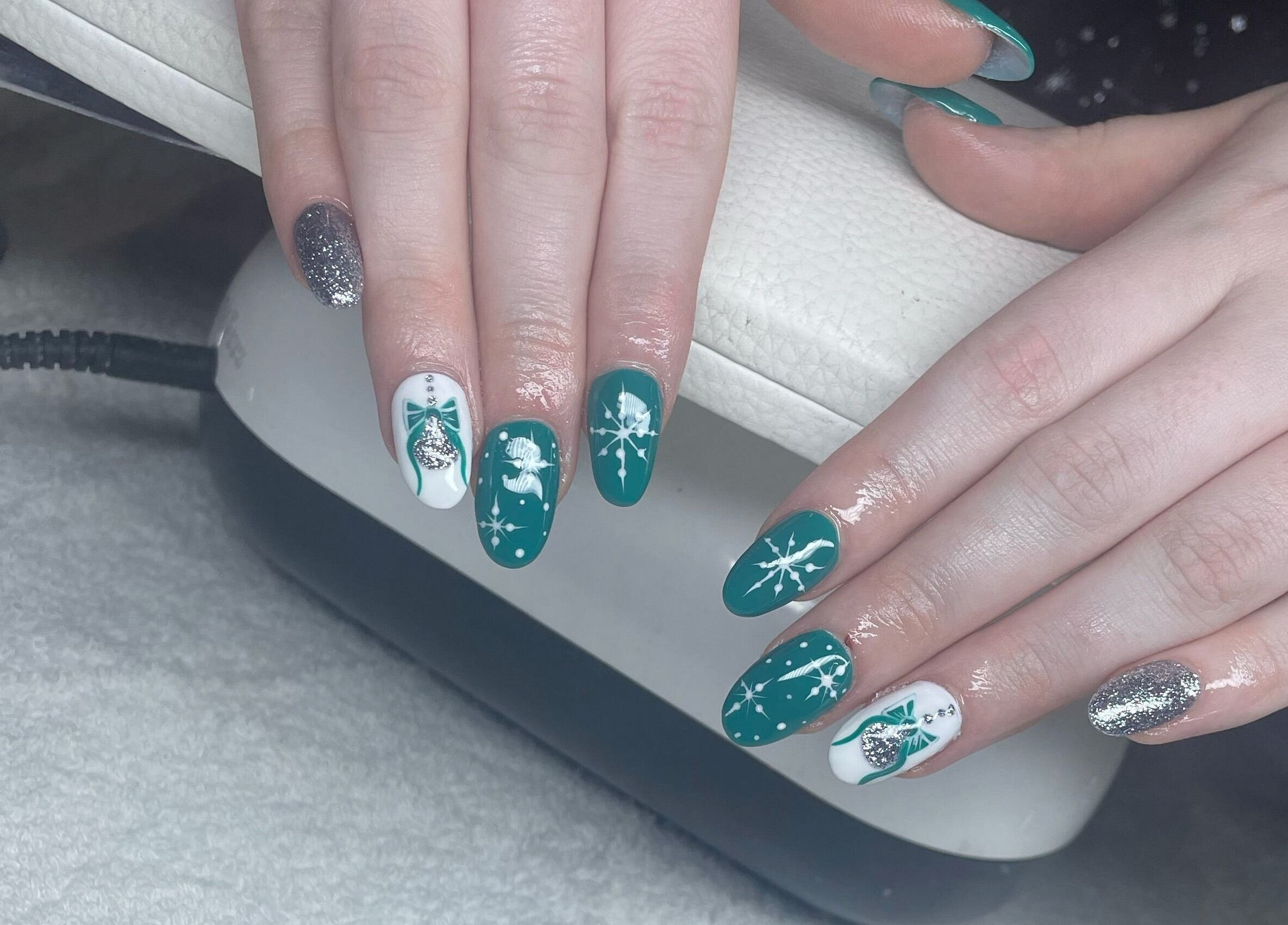 Detailed nail art in teal and silver at Nail Artistry by Chelsea Lee, Gqeberha, Eastern Cape, ZA.