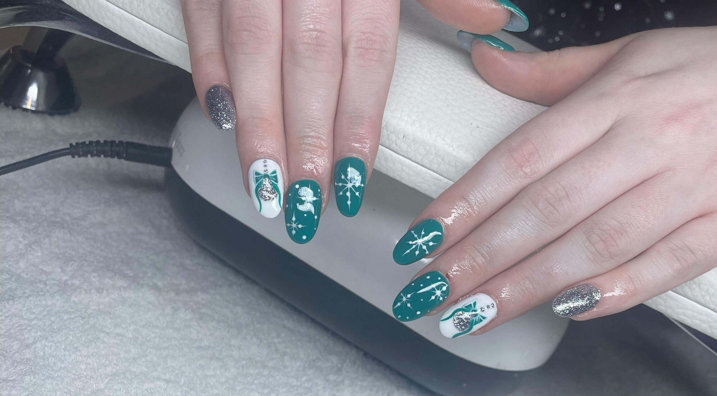 Detailed nail art in teal and silver at Nail Artistry by Chelsea Lee, Gqeberha, Eastern Cape, ZA.