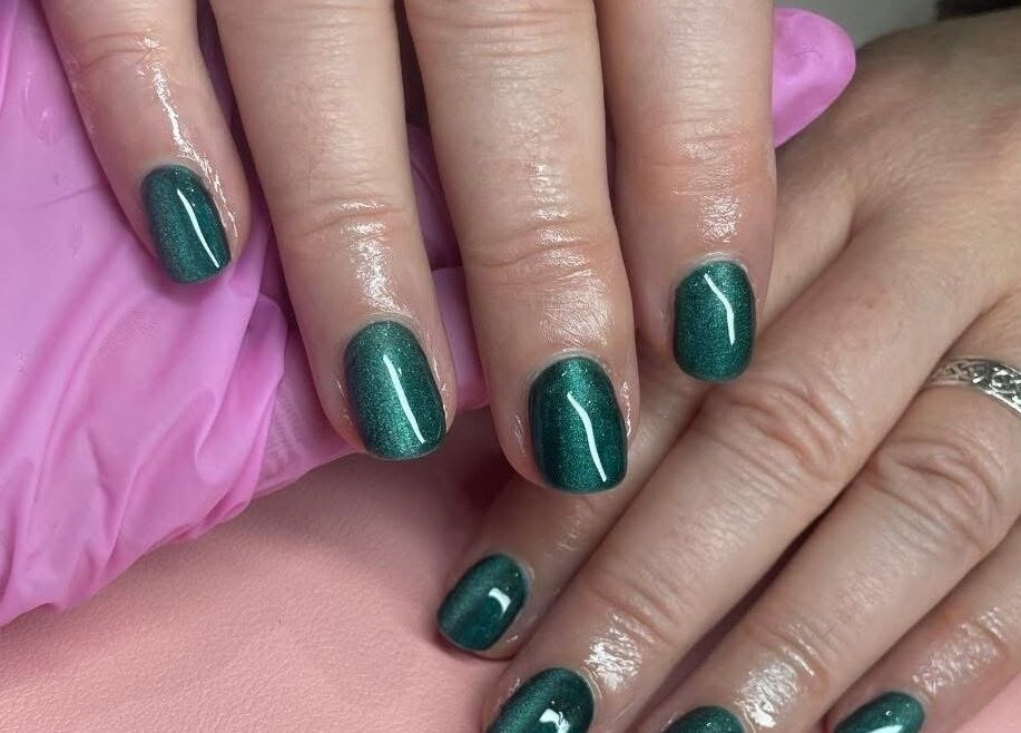 Emerald nail design at Nail Artistry by Chelsea in Gqeberha, Eastern Cape, ZA, showcasing detailed manicure.