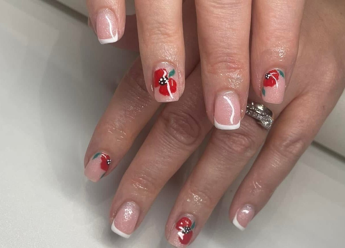 Close-up of floral nail art from Nail Artistry by Chelsea, Gqeberha, Eastern Cape, ZA.