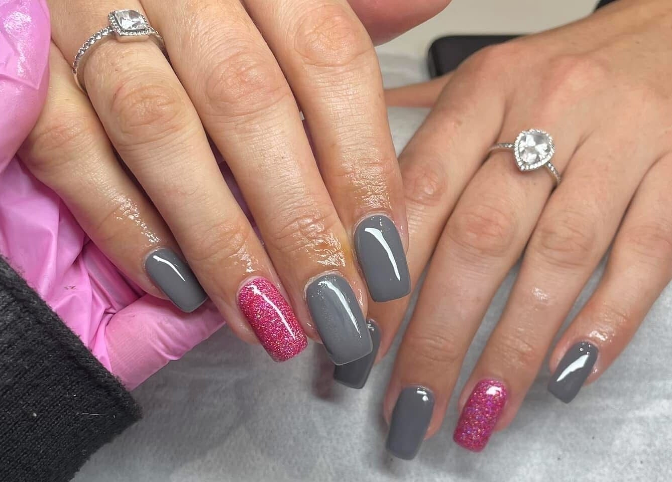 Stylish gray and pink nails at Nail Artistry by Chelsea, Gqeberha, Eastern Cape, ZA.