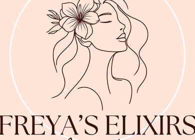 Λογότυπο του Freya's Elixirs από Nagia Vernadaki, Γωνιά, GR με γυναικεία φιγούρα και λουλούδι.