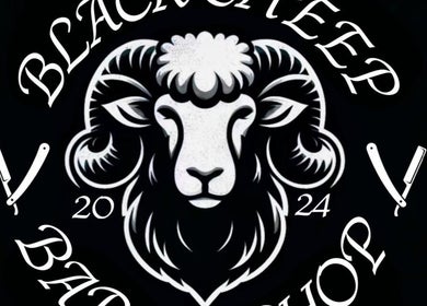 Logo of Black Sheep Barbershop in Kawartha Lakes, Ontario, CA featuring a stylized sheep with razors.