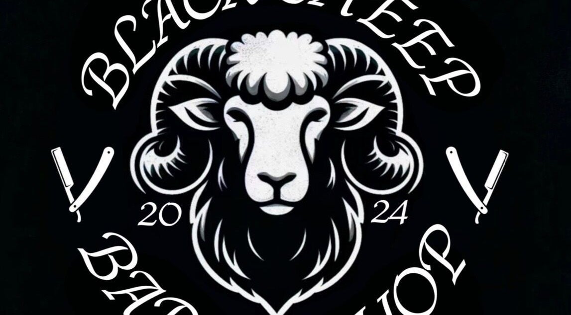 Logo of Black Sheep Barbershop in Kawartha Lakes, Ontario, CA featuring a stylized sheep with razors.