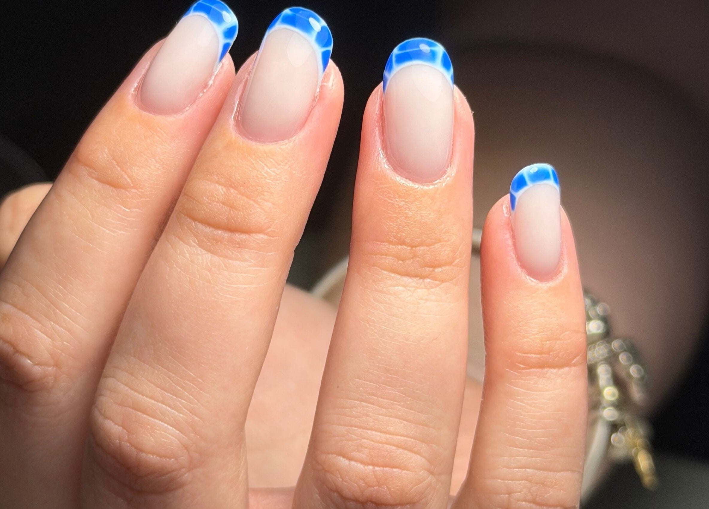 Blue patterned nail design at Nails By Teegan, Terranora, New South Wales, AU.