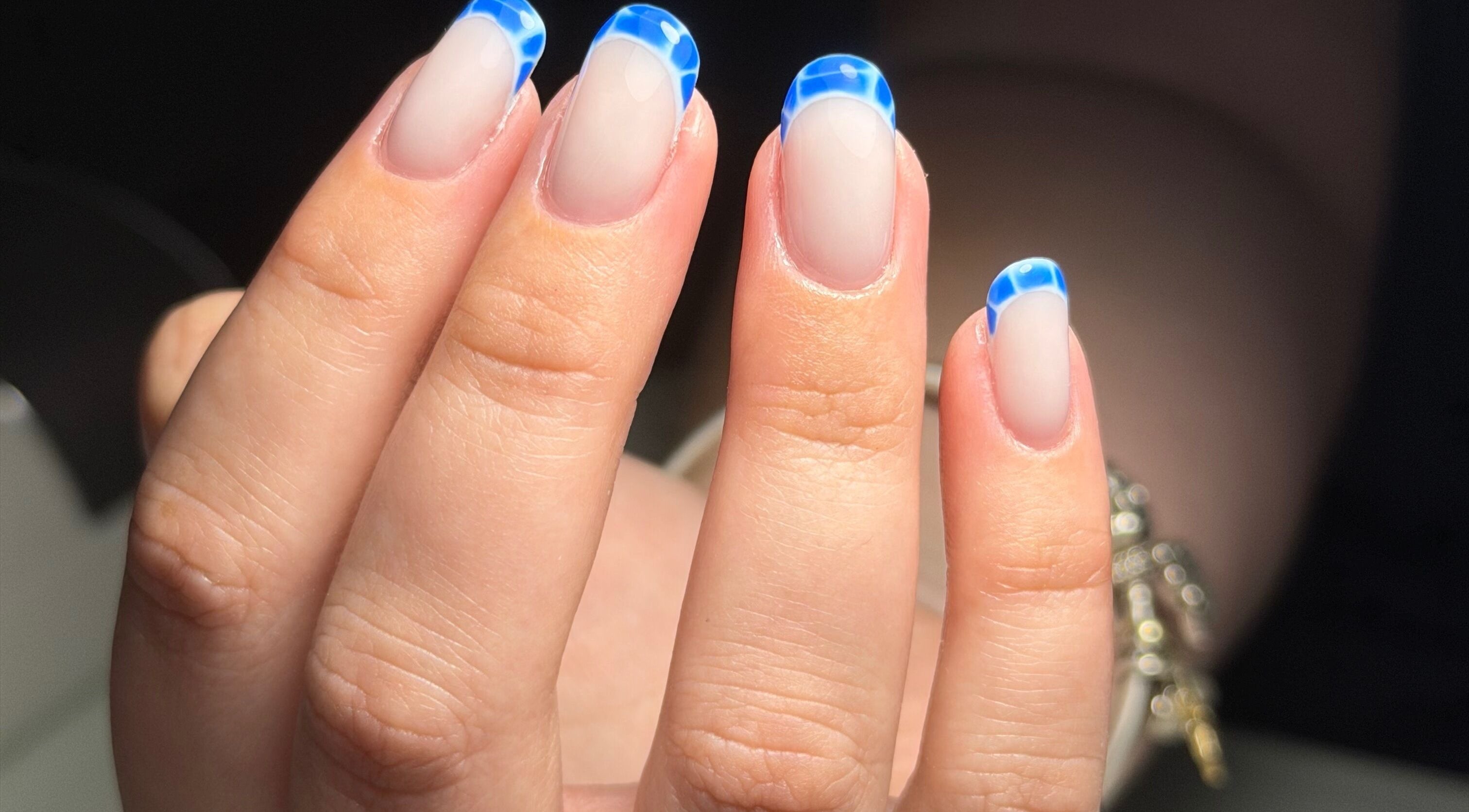 Blue patterned nail design at Nails By Teegan, Terranora, New South Wales, AU.