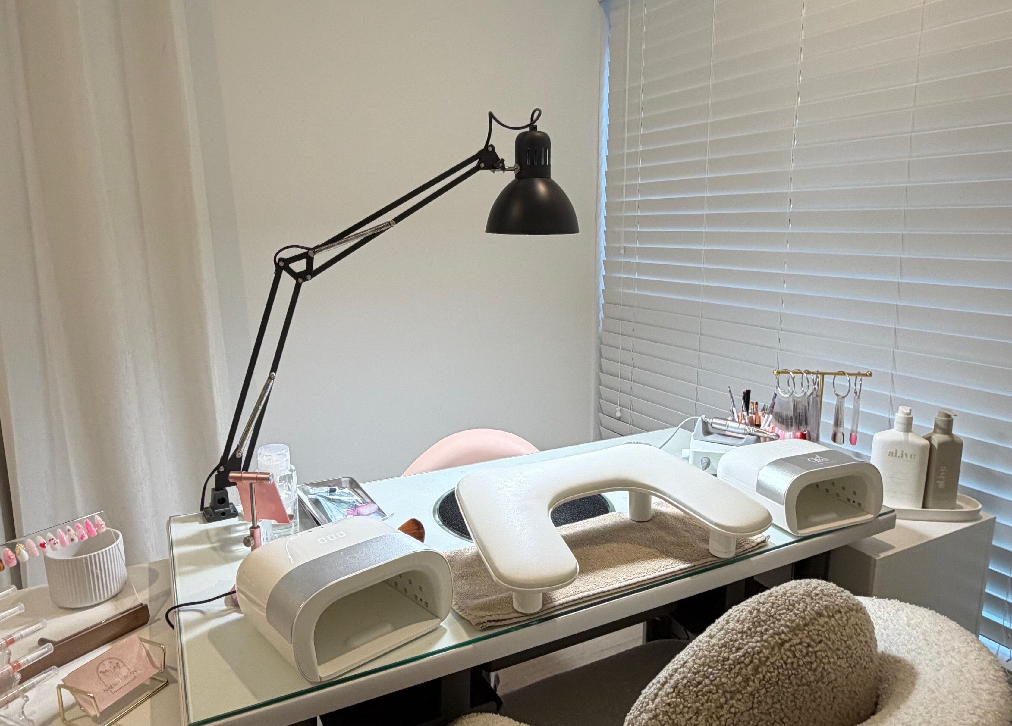 Modern nail station at Nails By Teegan, Terranora, New South Wales, AU, featuring sleek tools and decor.