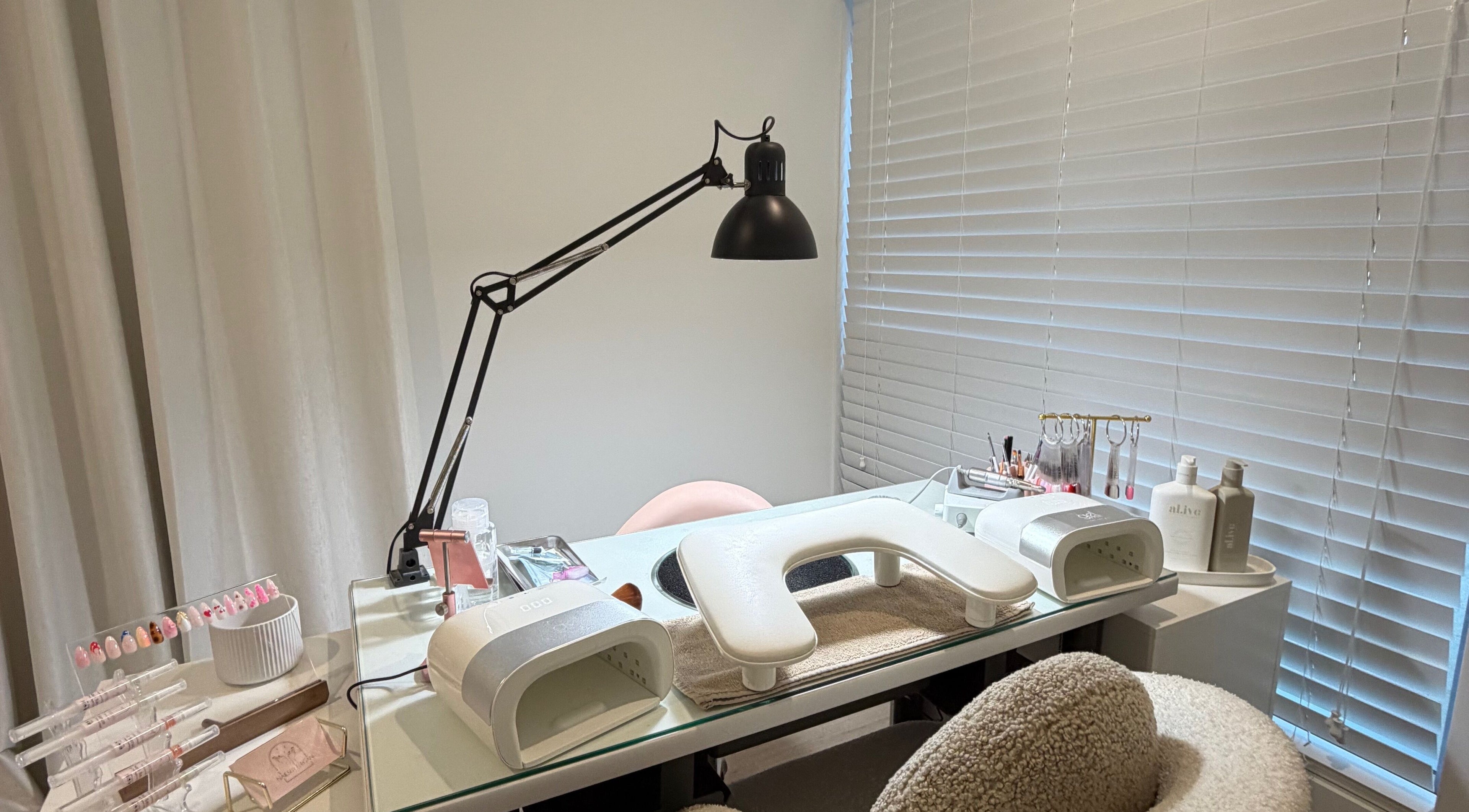 Modern nail station at Nails By Teegan, Terranora, New South Wales, AU, featuring sleek tools and decor.