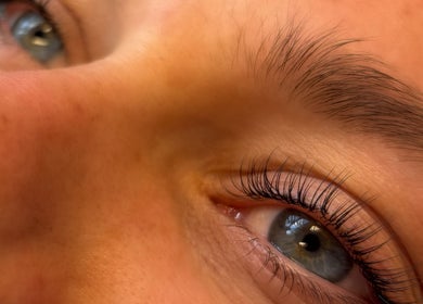Close-up of enhanced eyelashes and brows at Banksia Beauty Studio, Melbourne, Victoria, AU.