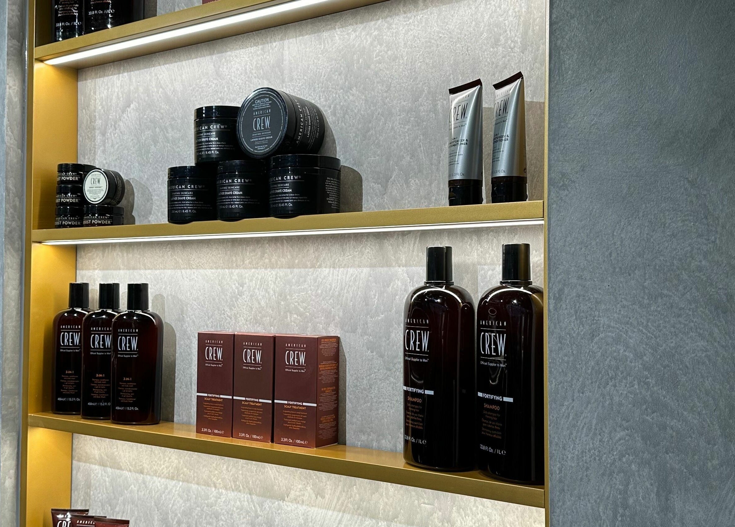 Product display at Sarmo & Co., Melbourne, Victoria, AU showcasing premium grooming products on elegant shelves.