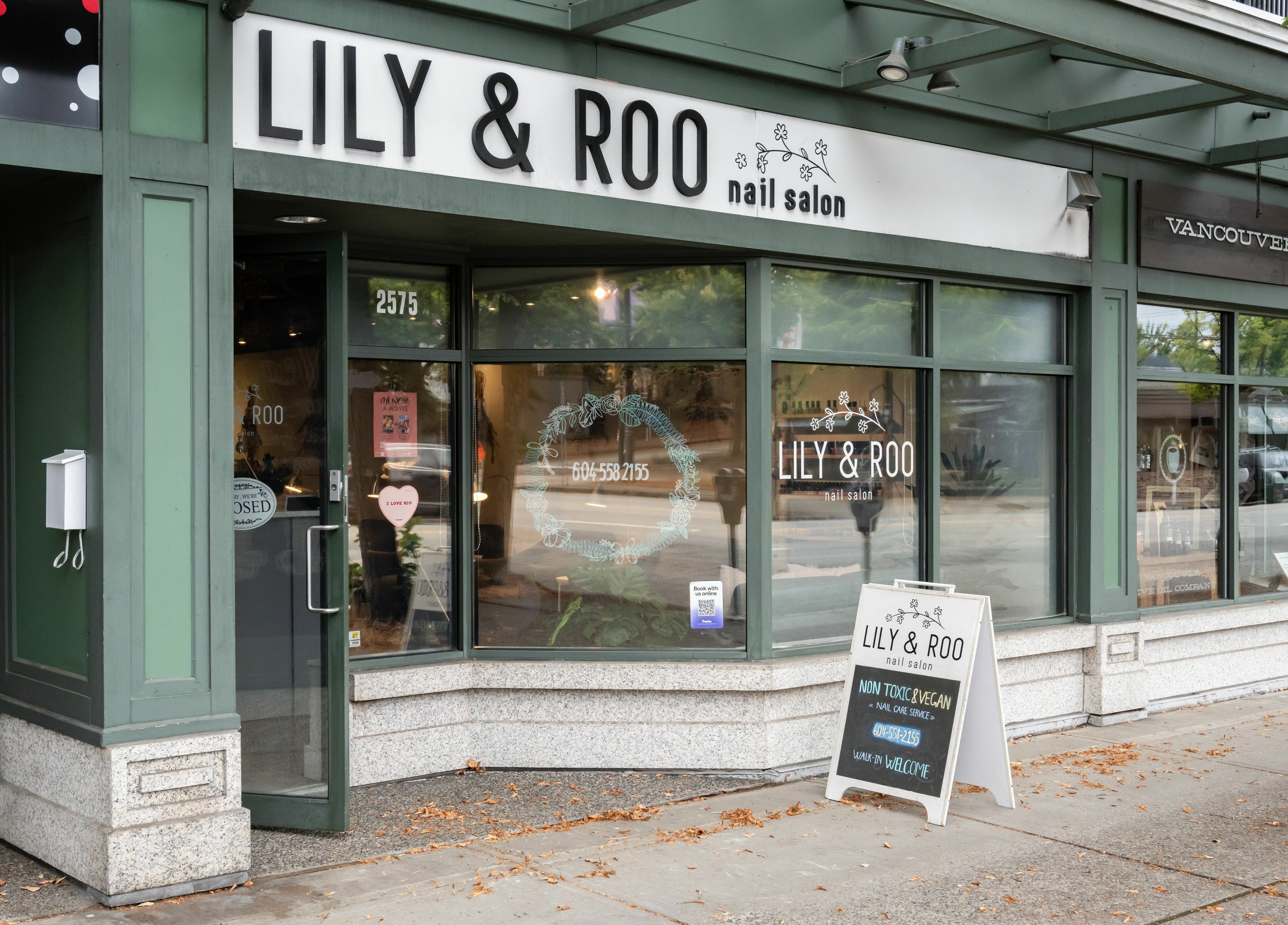 Lily & Roo Nail Salon entrance in Vancouver, British Columbia, CA showcasing a stylish facade.