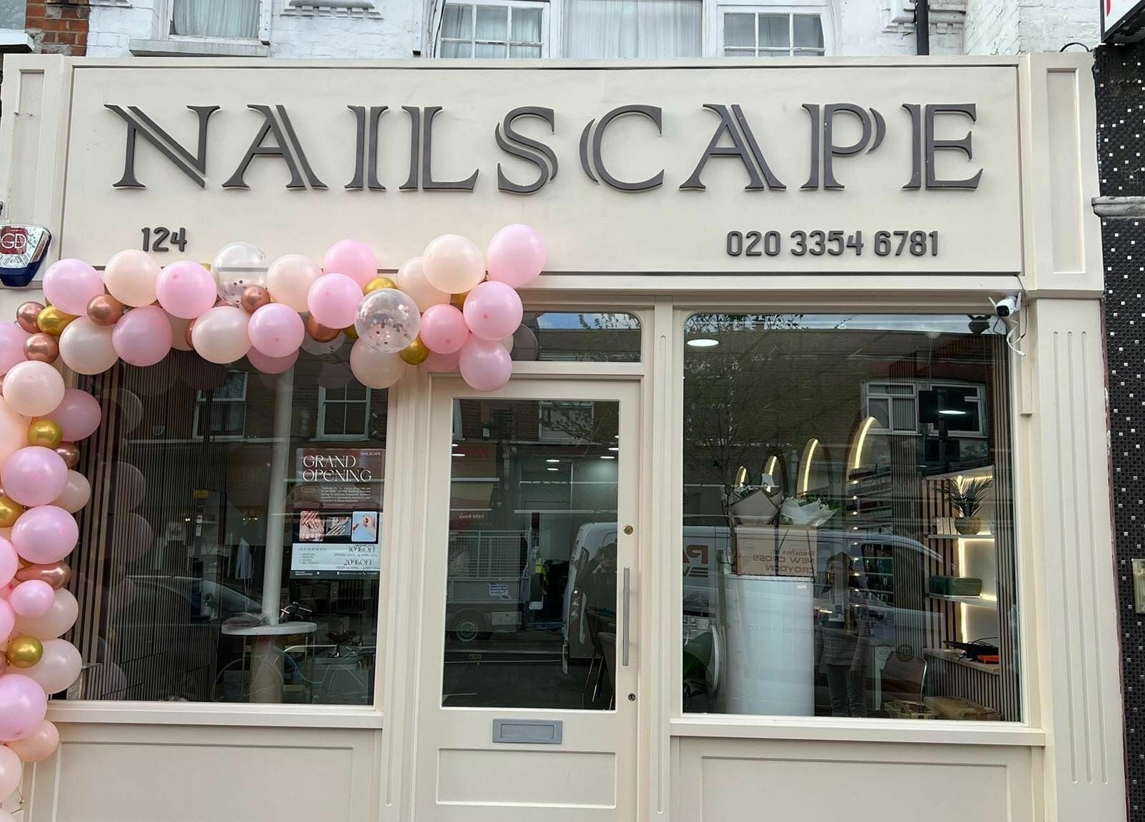 Front view of NAILSCAPE Ealing with pink balloon decor in London, England, GB.