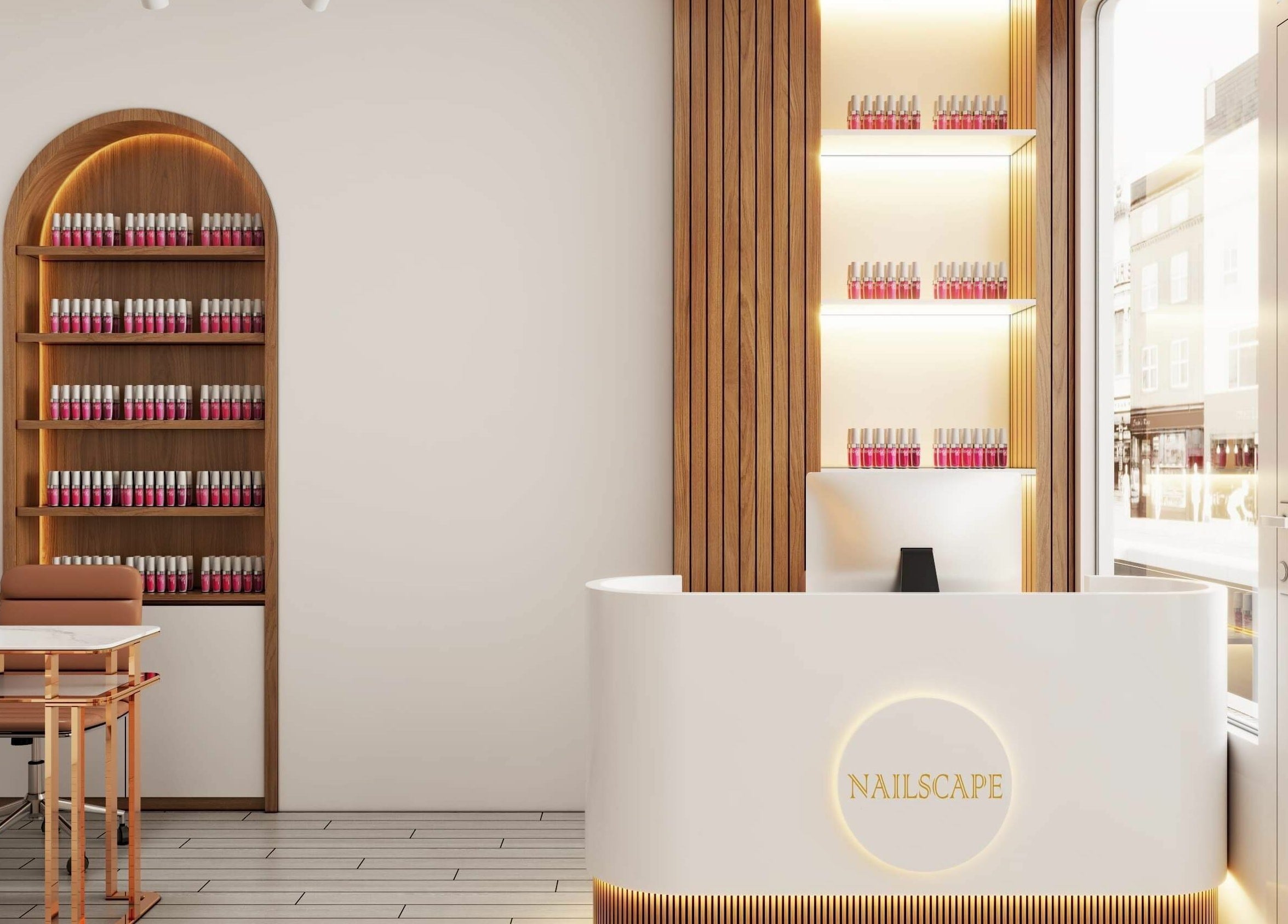 NAILSCAPE Ealing entrance with reception desk and polish display, located in London, England, GB.