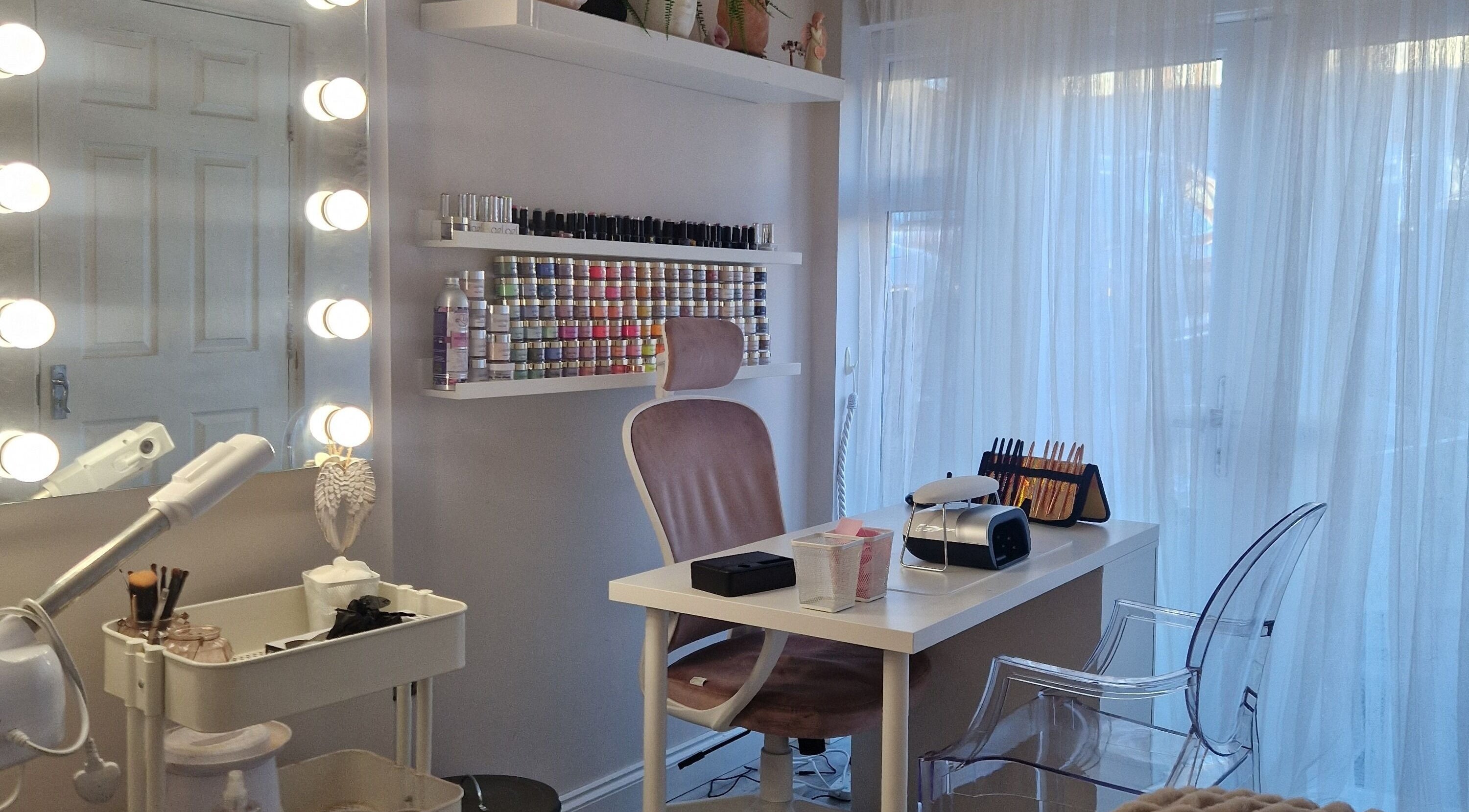 Chic nail station at Rosanna Nails & Beauty in Leeds, England, GB, featuring professional tools and decor.