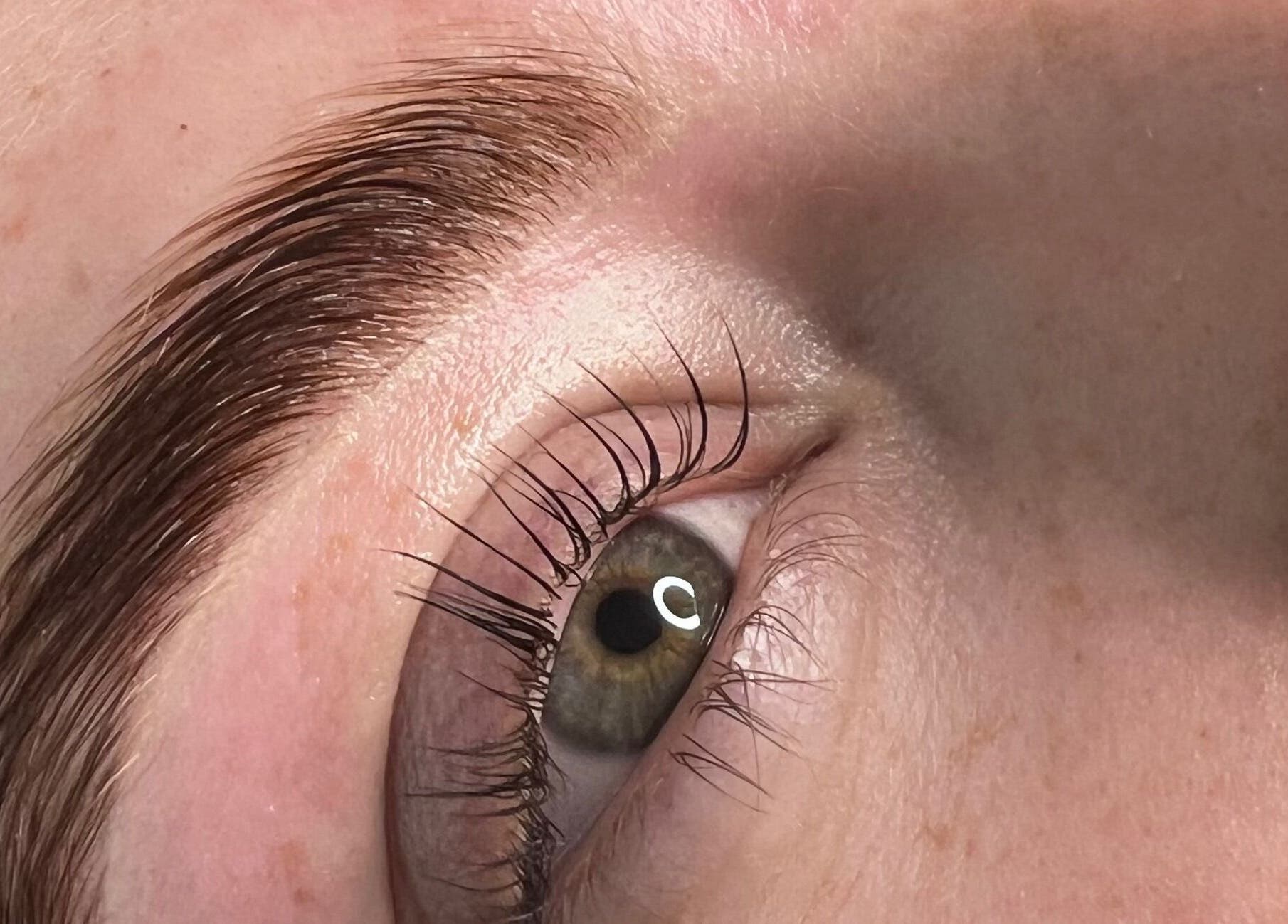 Close-up of perfectly shaped eyebrow at Sophie's beauty bar, Midhurst, England, GB.