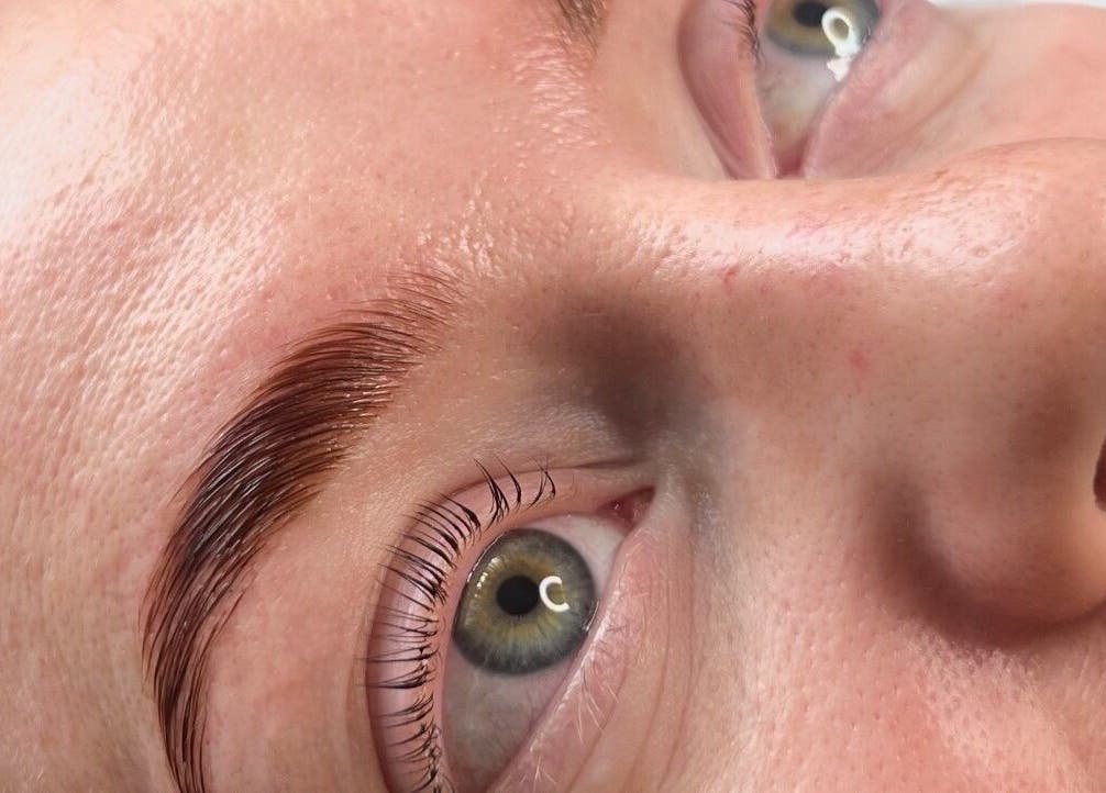 Close-up of expertly shaped brows at Sophie's beauty bar, Midhurst, England, GB.