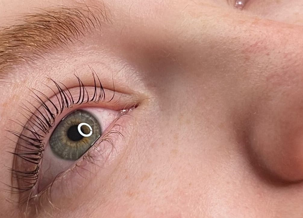 Close-up of expertly styled eyelashes at Sophie's beauty bar, Midhurst, England, GB.