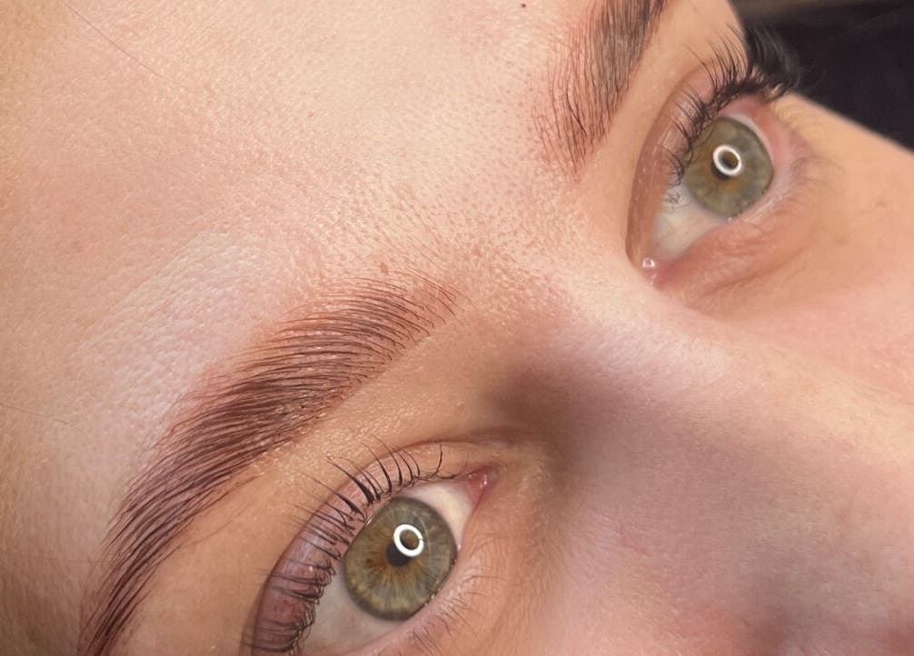 Close-up of expertly shaped eyebrows at Sophie's beauty bar, Midhurst, England, GB.