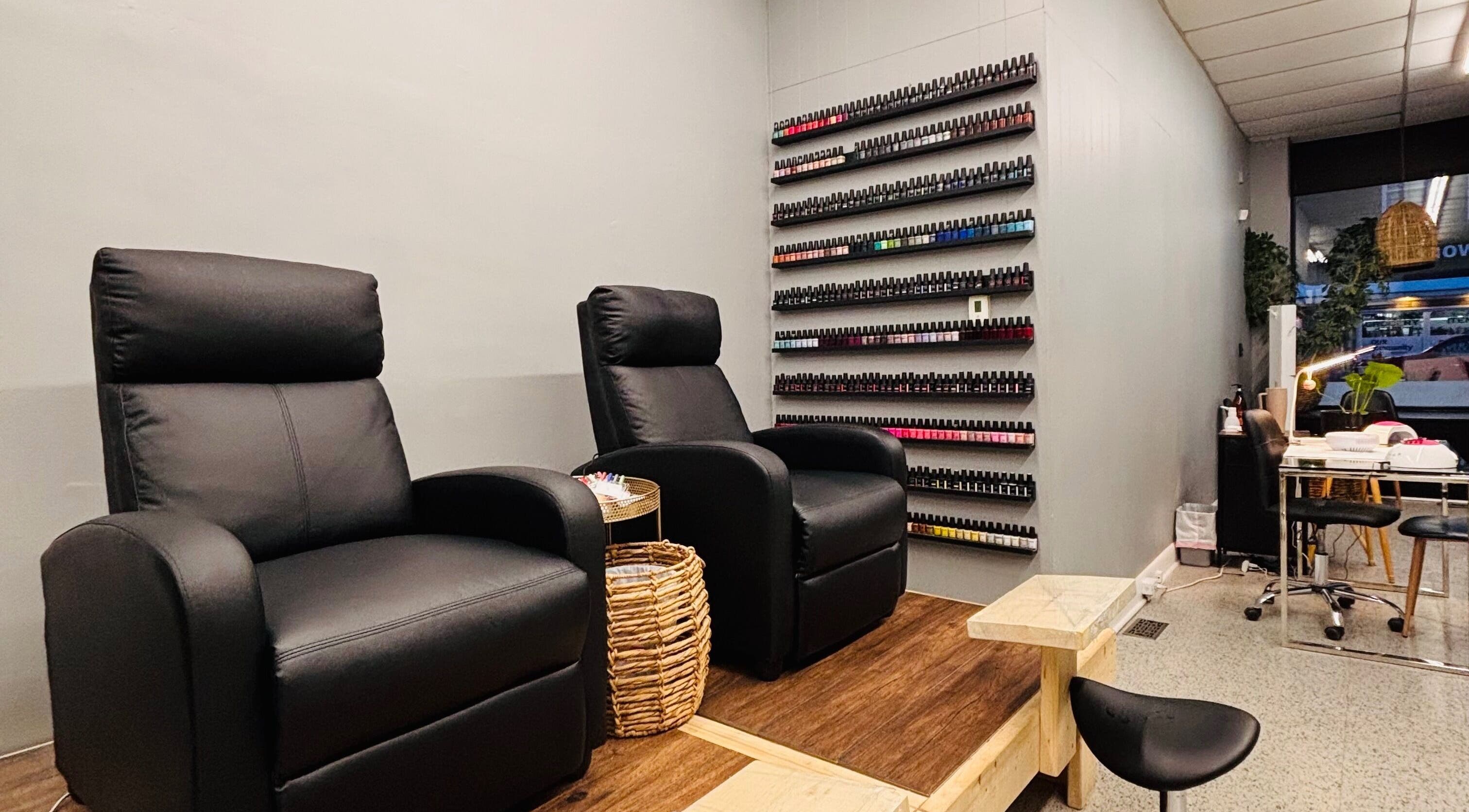 Mani & Mane's luxurious seating for nail treatments in Lucknow, Ontario, CA.
