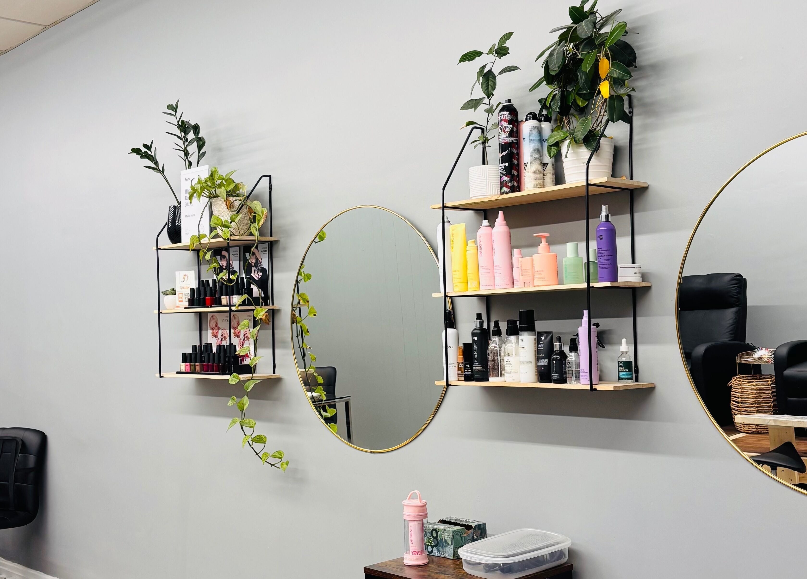 Elegant shelves and mirrors adorn Mani & Mane in Lucknow, Ontario, CA, exuding a tranquil spa ambiance.