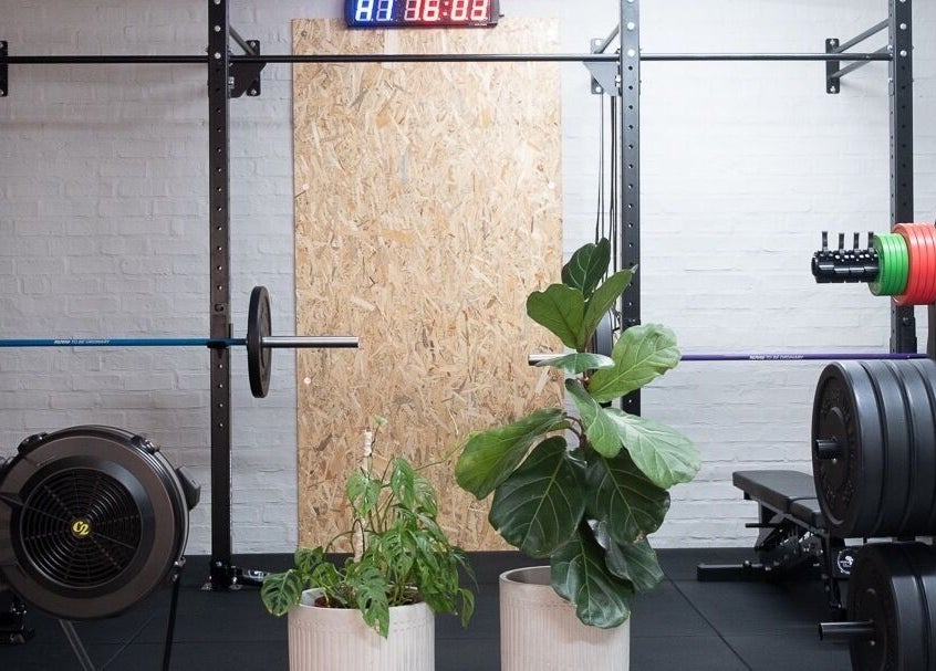 Modern gym setup at Seal Hybrid Performance, Cape Saint Francis, Eastern Cape, ZA featuring weights and plants.