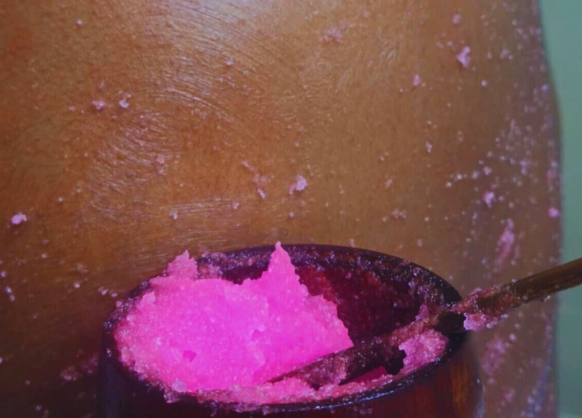 Exquisite sugar scrub session at Pure Bliss Spa, Roseau, Saint George Parish, DM for glowing skin.