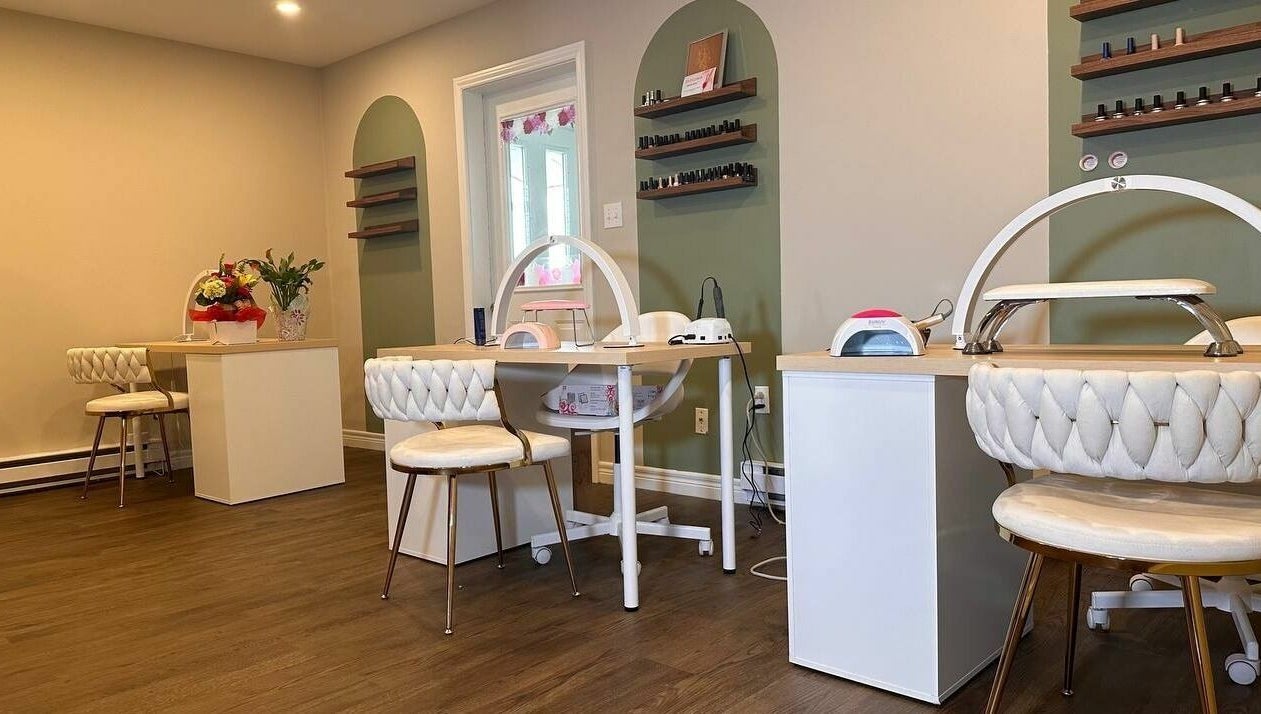 Modern nail studio at Peony Bliss Beauty Bar in Dieppe, New Brunswick, CA, showcasing stylish interiors.
