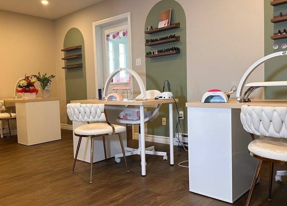 Modern nail studio at Peony Bliss Beauty Bar in Dieppe, New Brunswick, CA, showcasing stylish interiors.