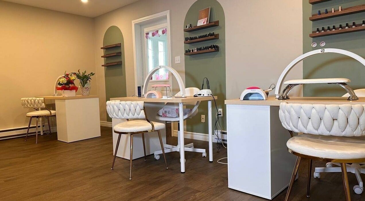 Modern nail studio at Peony Bliss Beauty Bar in Dieppe, New Brunswick, CA, showcasing stylish interiors.