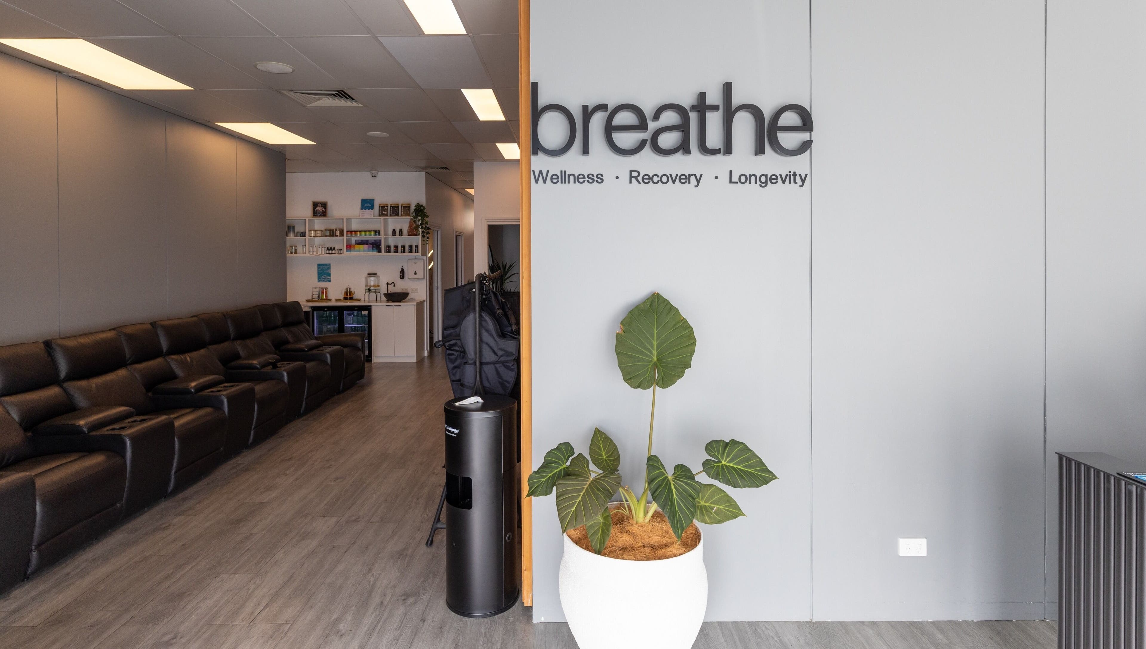 Interior of Breathe WRL in Glenelg East, South Australia, showcasing relaxing seating and wellness decor.