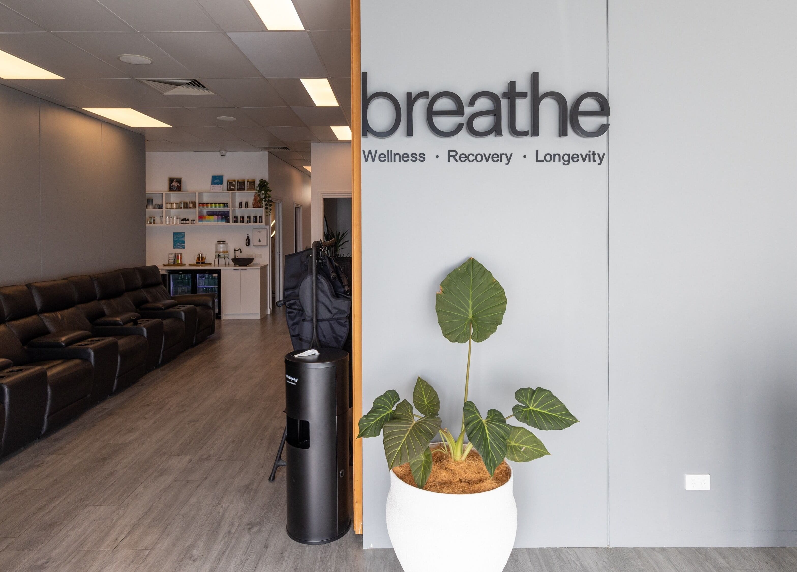 Interior of Breathe WRL in Glenelg East, South Australia, showcasing relaxing seating and wellness decor.