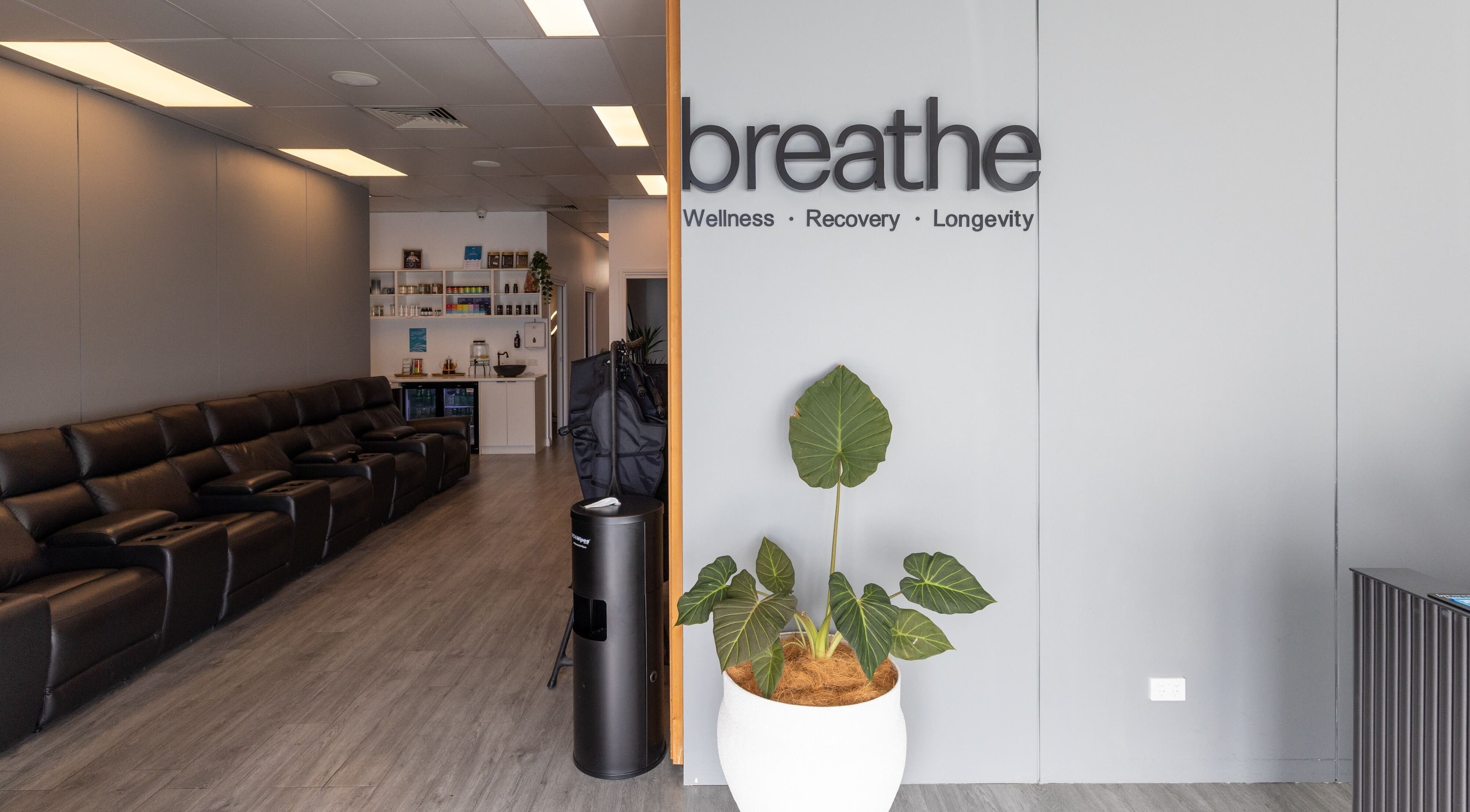 Interior of Breathe WRL in Glenelg East, South Australia, showcasing relaxing seating and wellness decor.