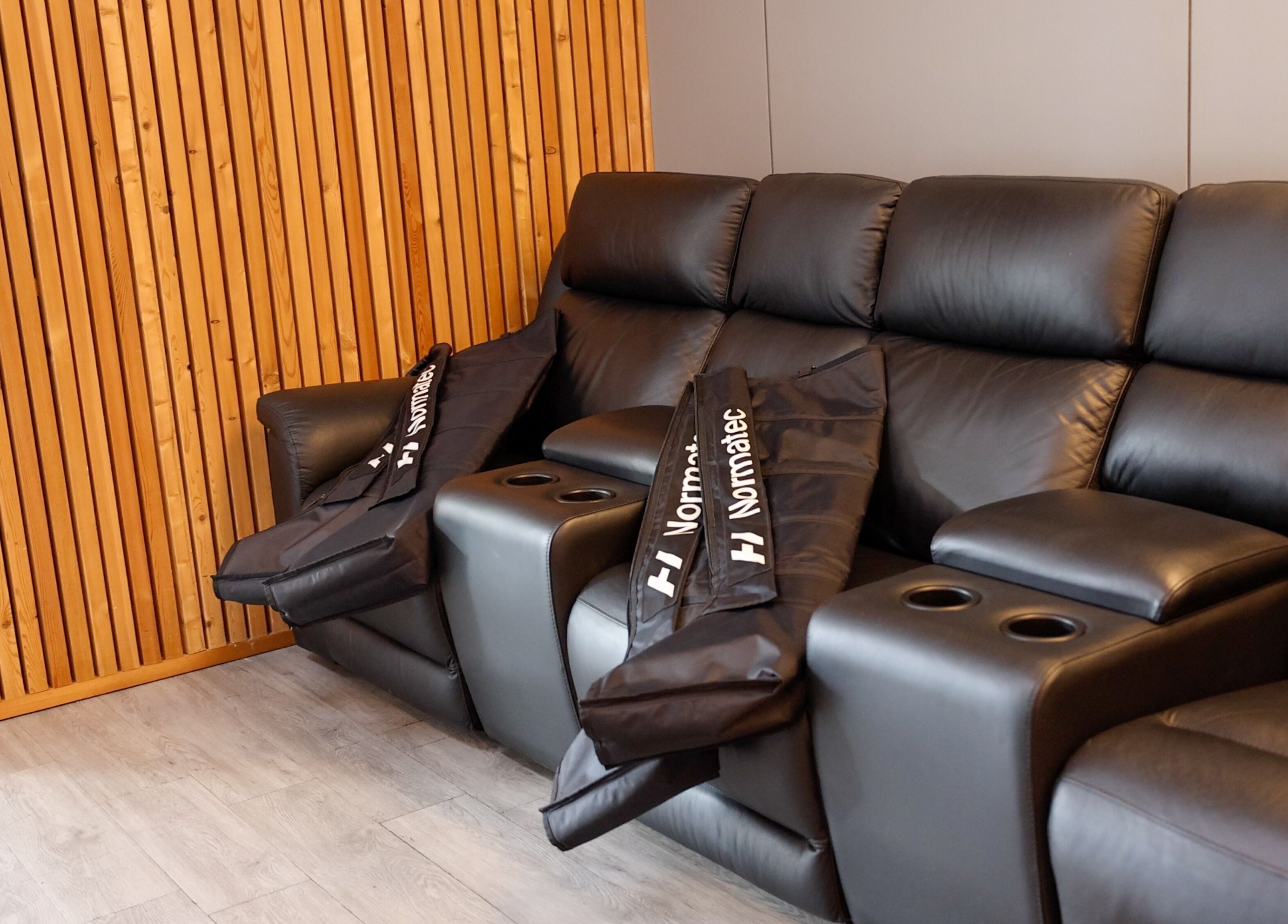 Comfortable leather massage chairs at Breathe WRL, Glenelg East, South Australia, AU, offering ultimate relaxation.