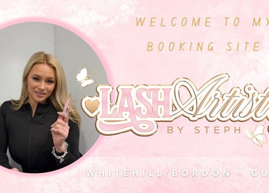 Welcome to Lash Artistry by Steph, Liphook, England. Woman with tweezers on pink background.