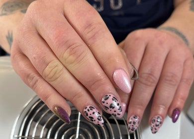 Stylish leopard print gel nails at Heavenly Aesthetics, Stoke-on-Trent, England, GB.