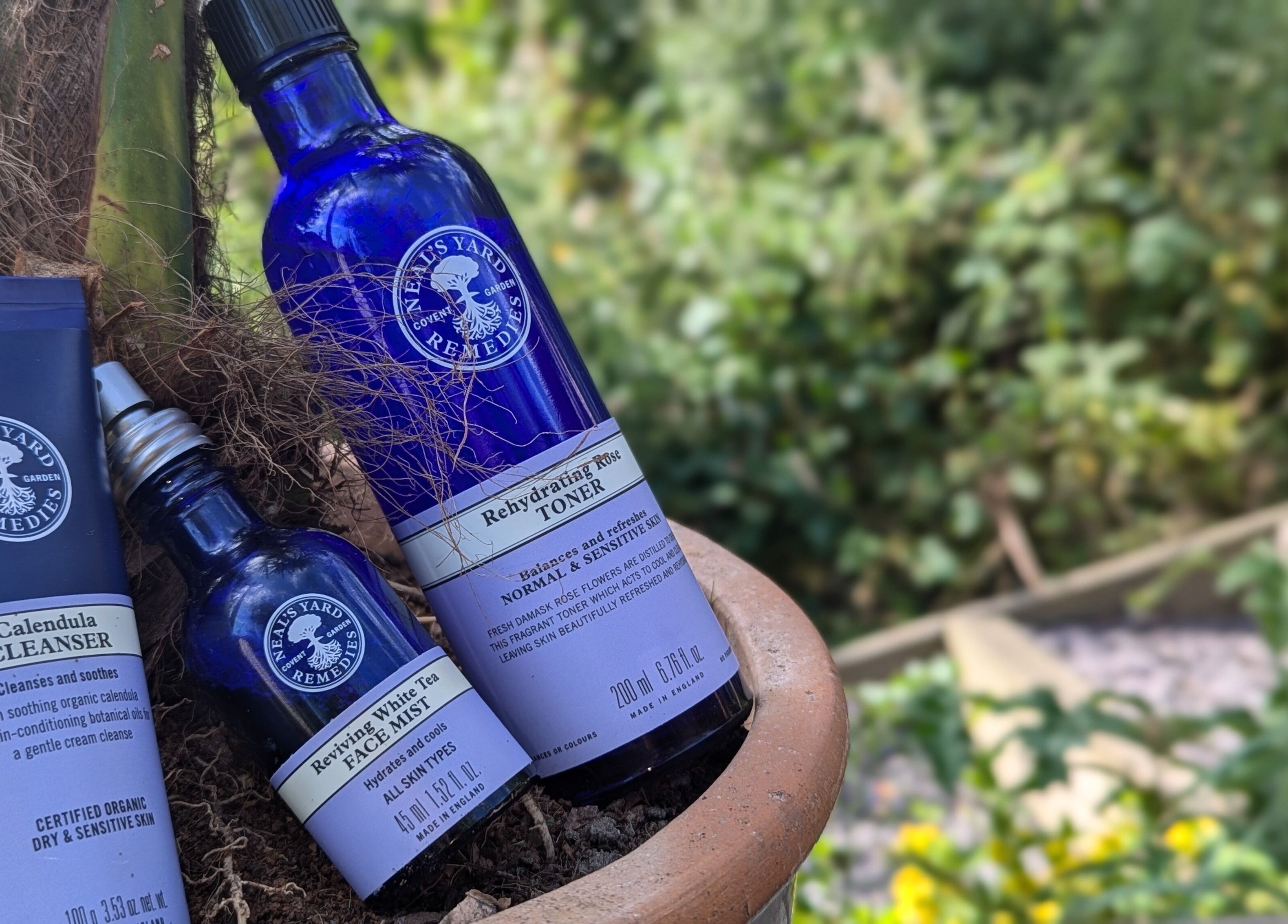 Natural skincare products at Remedy Room West, Glasgow, Scotland, GB, displayed in tranquil garden setting.