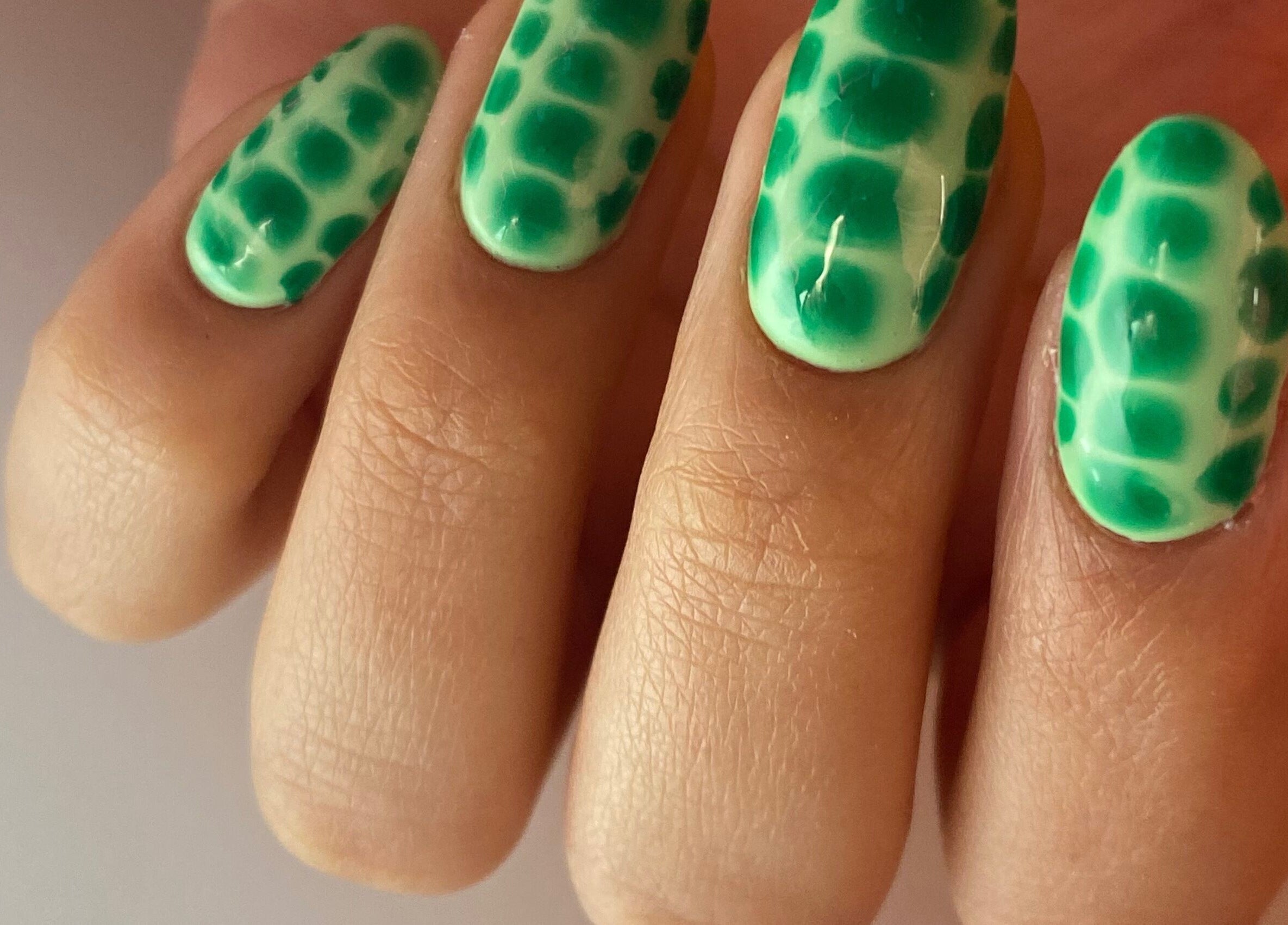 Uñas con diseño verde de tortuga en Leonails Studio, Providencia, Región Metropolitana, CL.