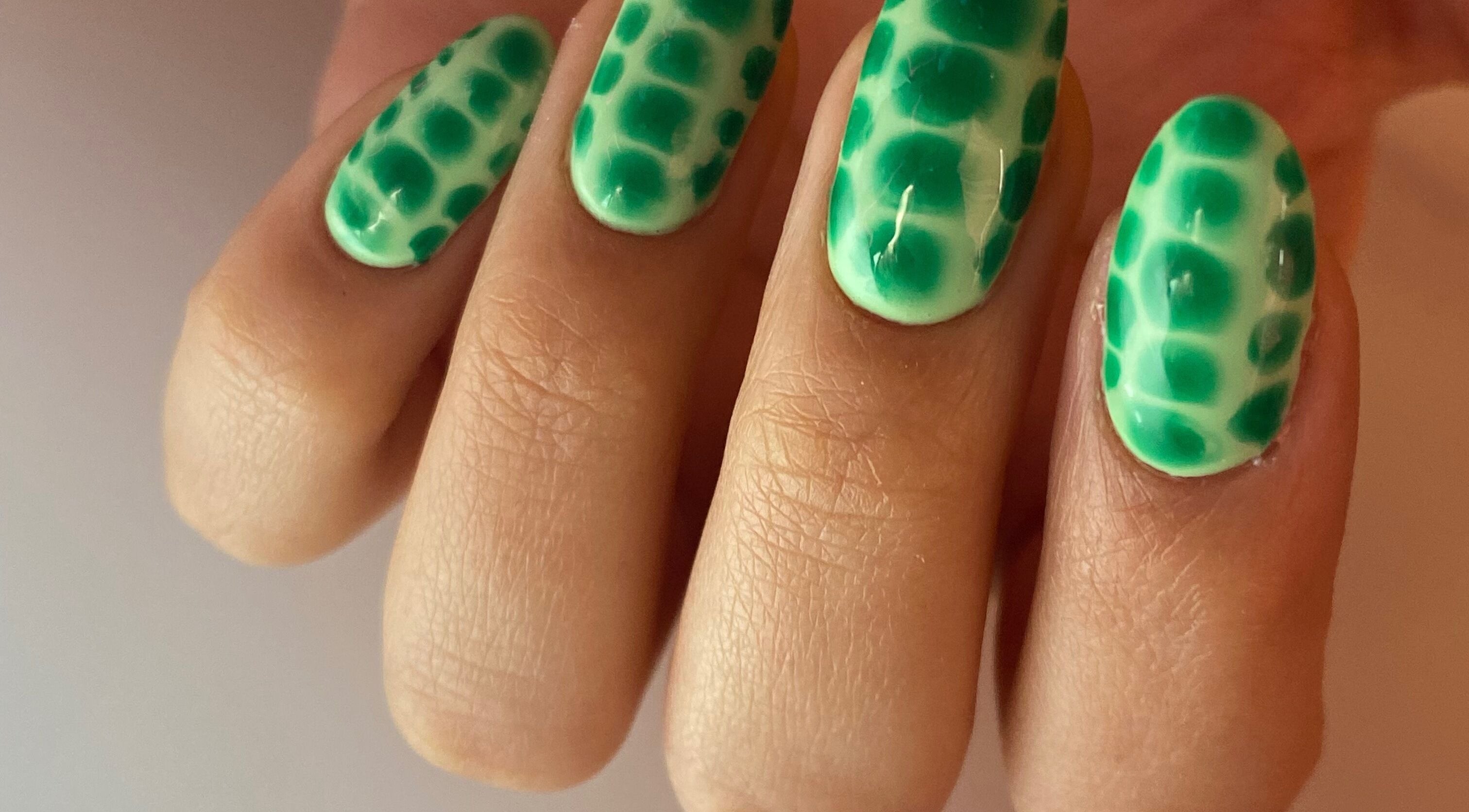 Uñas con diseño verde de tortuga en Leonails Studio, Providencia, Región Metropolitana, CL.