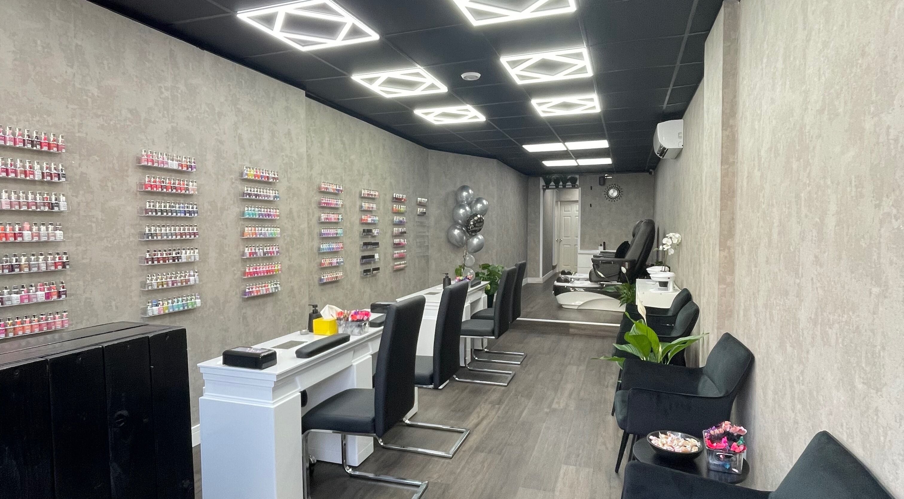 Stylish nail salon at Black Angel, Cardiff, Wales, GB with elegant decor and modern seating.